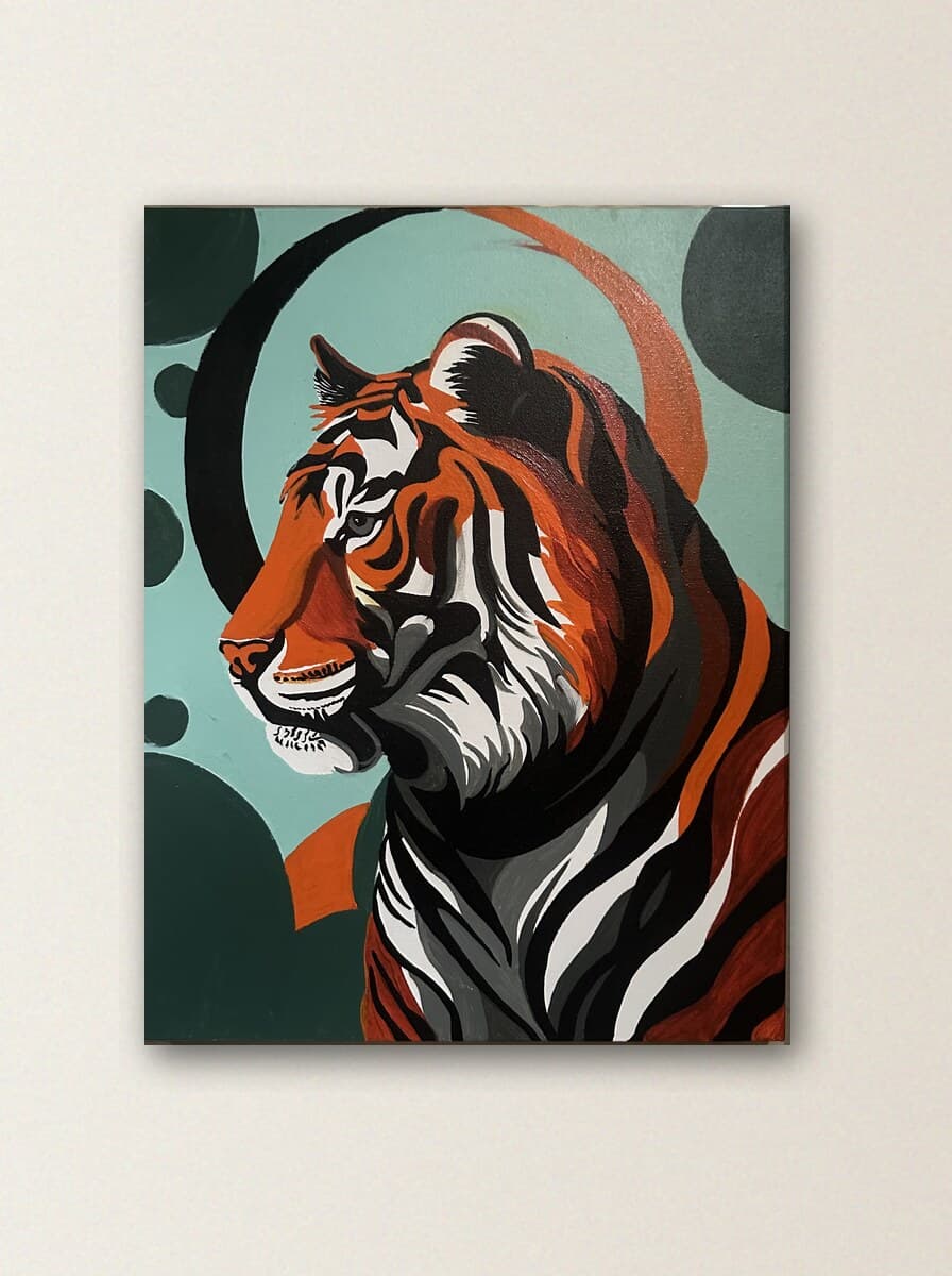 Tiger in Orbit shown hanging on a wall — visualisation